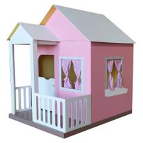 Casinha De Boneca Com Cercado 120cm Em Mdf Rosa/Branco Brinquedo Criança Feliz