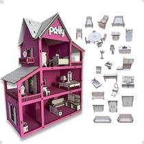 Casinha de Boneca Infantil 57X45cm Madeira MDF - 30 Mini Moveis
