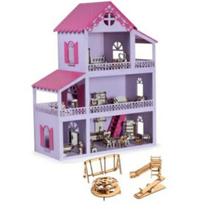 Casinha De Boneca Lilás e Pink Mdf 36 Móveis +parquinho + led Montada