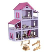 Casinha De Boneca Lilás e Pink Mdf 36 Móveis + parquinho Montada