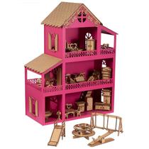 Casinha De Boneca Pink 36 móveis cru parquinho Montada Nome - Lopes MDF