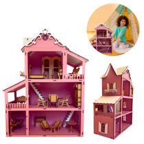 Casinha De Boneca Polly Em MDF Pintada Rosa Com 22 Móveis - JK