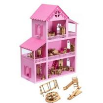 Casinha de Boneca Polly Rosa e Pink + 36 Móveis + parquinho + Nome Montada - lopes mdf