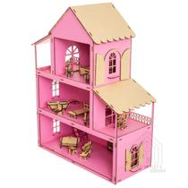 Casinha De Bonecas Brinquedo Rosa Casa Infantil Com Móveis - Casa Rosa