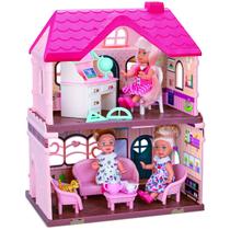 Casinha de bonecas Dois Andares Casa Mágica Rosa de Brinquedo Infantil Crianças Com Acessórios