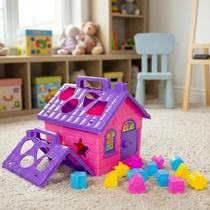 Casinha Educativa Brinquedo Pedagógico 1 Ano Blocos Encaixe Peças E formas Geométricas Didática Monta e Desmonta Casa Rosa