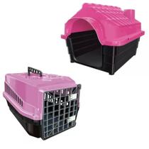 Casinha Plástica N3 + Caixa Transporte Pet Cão Gato Rosa
