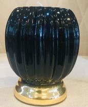 castiçal ceramica preto brilho base dourado e vela tamanho P