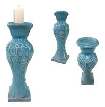 Castiçal De Cerâmica Porta Velas Azul Decorativo 46 X 16 - Vacheron