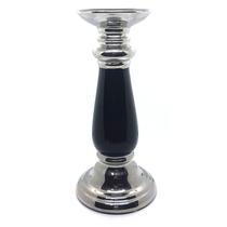Castiçal de Cerâmica Porta Velas Prata c/ Preto 26 cm