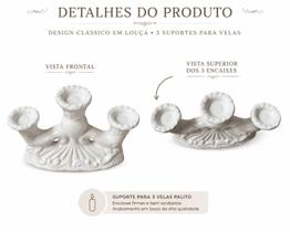 Castiçal de Louça para 3 Velas Branco Elegância Decoração Espiritualidade Castiçal de Louça para 3 Velas Branco Elegância Decoração Espiritualidade