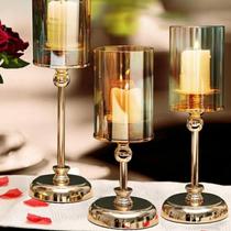 Castiçal de Vidro Dourado para Mesa - Decoração para Jantar, Casamento e Festa
