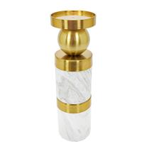 Castiçal Decorativo Redondo Marmore Branco Metal Dourado