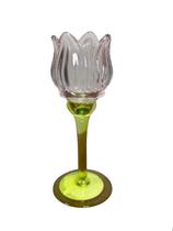 Castiçal em Vidro Flor Verde e Rosa 19cm