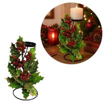Castiçal Natalino Decorado Azevinhos Berries e Folhagens Luxo Base Aramada 25cm - Magizi Castiçal Natalino Decorado Azevinhos Berries e Folhagens Luxo Base Aramada 25cm - Magizi