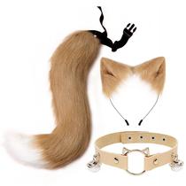 Cat Ears Headband Leather Choker Tail Set Furry Aniaml Ears Hairband Collar Headpiece Acessórios para Cosplay de Halloween - Cáqui