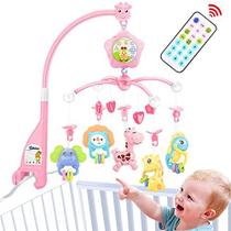 caterbee berço móvel para embalar e brincar, brinquedos de berço com luz e música, remoto, projetor para idades 0 + meses (Pink-Forest)