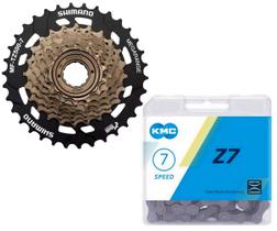Catraca / roda livre shimano tourney mf-tz500 14/34d megarange 7v + corrente kmc z7 116 elos - p/ cubo de rosca