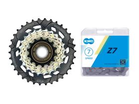 Catraca / roda livre shimano tourney mf-tz510 14/34d megarange 7v + corrente kmc z7 cinza 116 elos - p/ cubo rosca