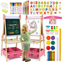 Cavalete infantil redondo rosa de dupla face com mais de 100 acessórios de 3 a 12 anos Cavalete infantil redondo rosa de dupla face com mais de 100 acessórios de 3 a 12 anos