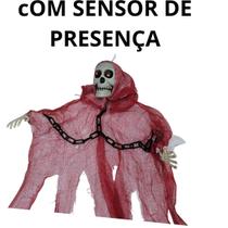 Caveira VERMELHO c/corrente 85cm som/luz decoração Halloween