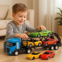 Cegonheira Azul 3 Carrinhos Transporte Veiculos Rampa Brinquedo Infantil Presente