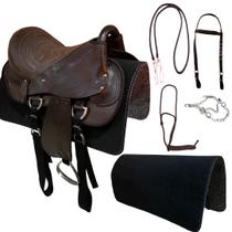 Cela De Cavalo Marrom Simples 16 Polegadas Completa 100% Couro + Brindes!
