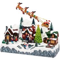 Cenário de Natal Miniatura Luxo Vila Iluminada Musical com Movimento Papai Noel Trenó Renas e Neve
