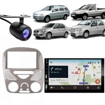 Central Multimídia Carplay Android Palio G2 Moldura + Câmera Cinza Brilhante