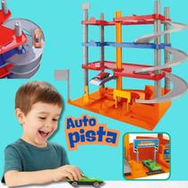 Centro Automotivo Infantil Posto com Elevador Funcional 4 Andares e 4 Carrinhos Coloridos Brinquedo Lava Rápido Estacionamento Bomba Combustível