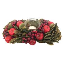 Centro de Mesa Porta Velas Natalino Com Louros Maçãs e Cerejas