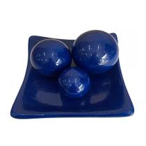 Centro de Mesa Prato Com 3 Esferas em Cerâmica Decorativo - Azul Marinho - Retrofenna Decor