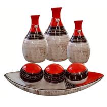 Centro de Mesa Trio de Vasos Egípcios E Barca 3 Esferas - Bege e Vermelho - Retrofenna Decor