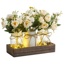 Centros de mesa DUOER Mason Jar com bandeja de madeira e luz LED Centros de mesa DUOER Mason Jar com bandeja de madeira e luz LED
