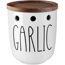 Cerâmica Garlic Keeper DAYYET com tampa de madeira de acácia branca Cerâmica Garlic Keeper DAYYET com tampa de madeira de acácia branca