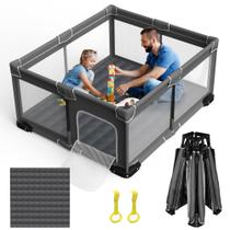 Cercadinho dobrável para bebês Grobeybees com tapete grande, portátil, cinza