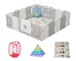 Cercadinho modular 1,88x1,88cm branco e cinza completo com tapete, bolinhas e cesto Cercadinho modular 1,88x1,88cm branco e cinza completo com tapete, bolinhas e cesto