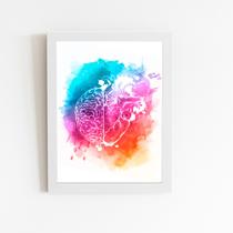 Cérebro Coração Tinta Colorido Quadro Moldura Branca 60x40cm