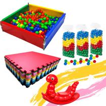 Cerquinha Infantil-Cercadinho de bolinhas + 300 Bolinhas Coloridas 76mm + 4 Pisos 50x50 antiderrapantes + Gangorra Nhoca Vermelha Kit área Kids