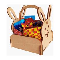 Cesta Bandeja com Alça Coelho Páscoa 8x8x8 Mdf Madeira