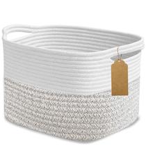 Cesta de armazenamento, corda de algodão personalizada, 34x24x24 cm, branca/cinza