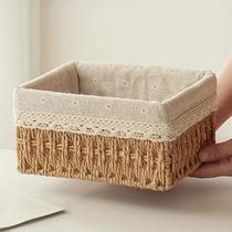 Cesta De Armazenamento De Rattan Feita À Mão Com Forro De Renda Removível, Organizador De Cosméticos