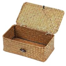 Cesta de armazenamento de vime com tampa, cestos de armazenamento de ervas marinhas naturais para organizar, cesta retangular de tecido para armazenamento, caixas decorativas, caixas com tampas, organizador de casa, decoração