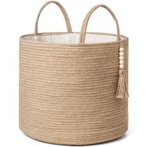 Cesta de armazenamento Mkono Woven Natural Rope com miçanga de madeira 16x35cm
