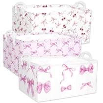 Cesta de armazenamento Pink Bow de 3 peças, caixa de armazenamento retangular Coquette Girls com alças, laços e cesta de prateleira Chery, ideal para decoração de quartos, berçários, livros, organização de roupas e brinquedos