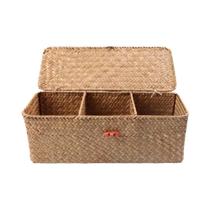 Cesta de Armazenamento Retangular de Fibra Natural - 3 Divisórias com Tampa