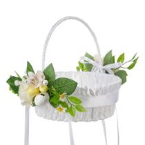 Cesta de casamento com decoração floral de cetim branco de primavera