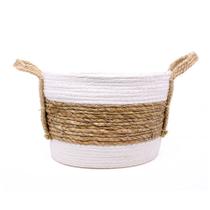 Cesta De Fibra Natural Seagrass Listrado Branco 23x30x30 Cm