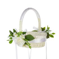 Cesta de flores de casamento branca elegante com fita de cetim
