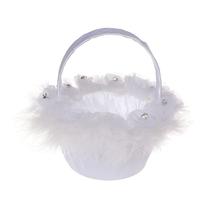 Cesta de flores de casamento branca elegante com penas e strass